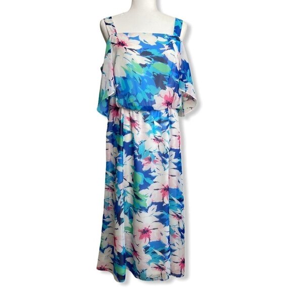 Nine West Midi Dress Tropical Floral Cold Shoulder Flutter Sleeve Womens Size 12 - Picture 3 of 10